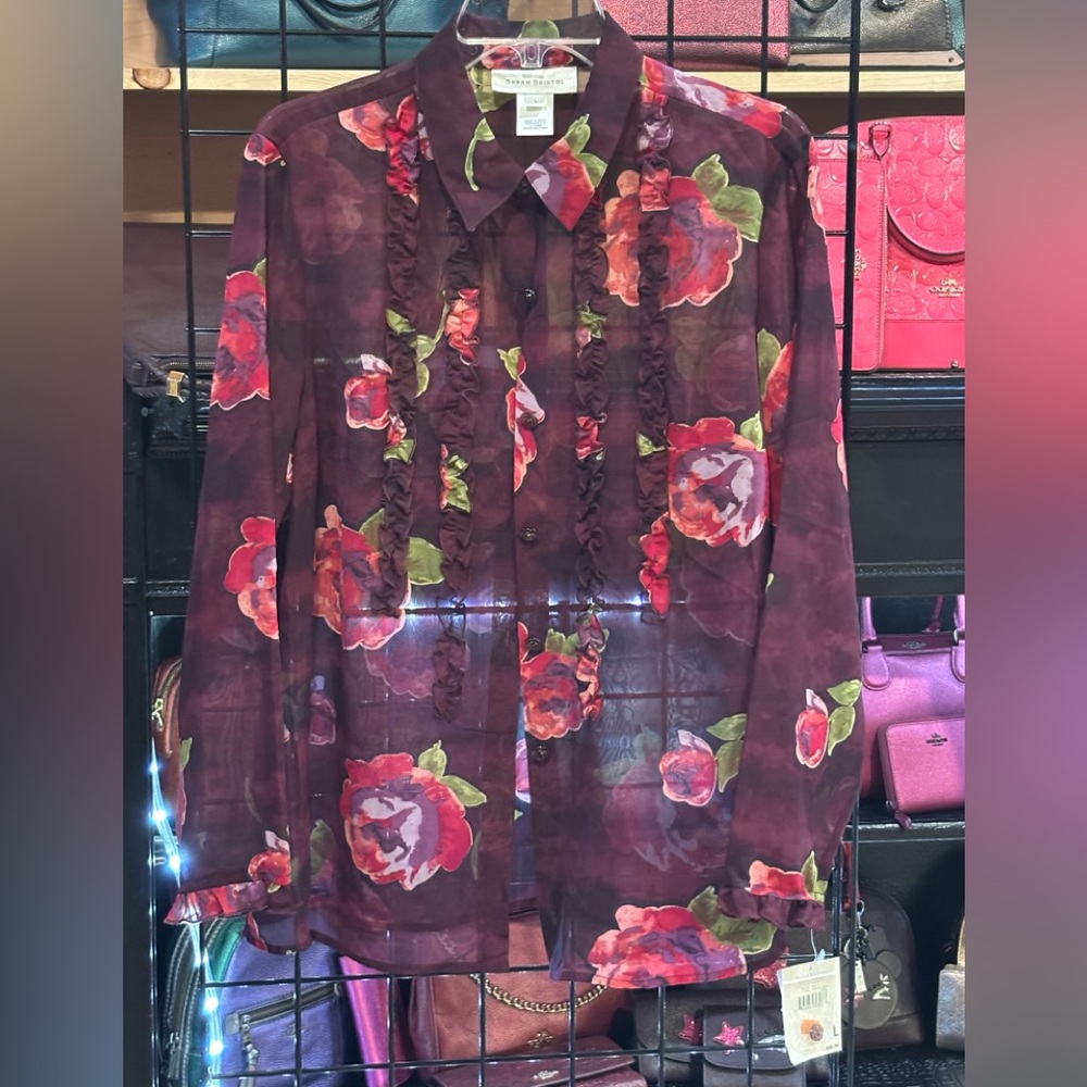 Susan Bristol Floral Sheer Shirt - Red and Brown